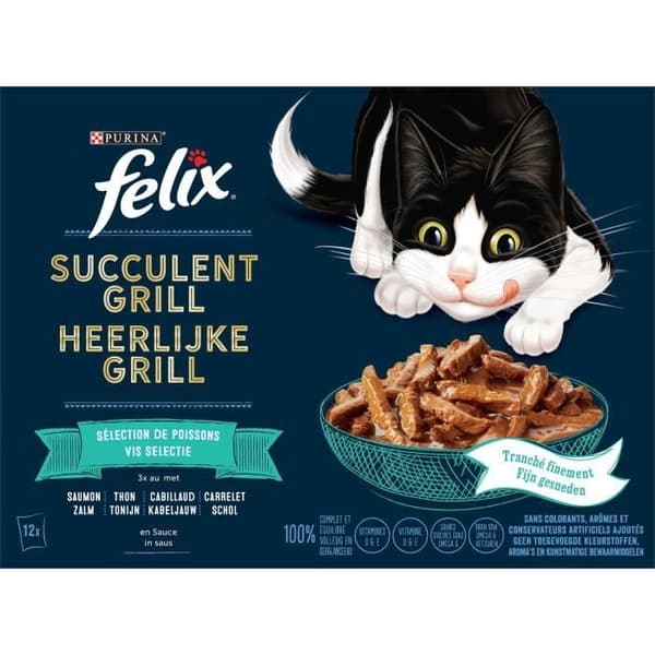 FELIX Suckulentgrill med lax, tonfisk, torsk, rödspätta i sås - 12 x 80 g - Påsar för vuxna katter