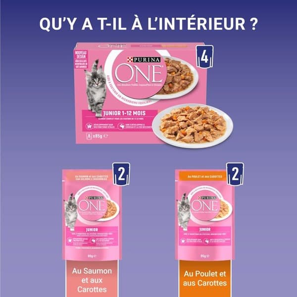 Purina - Unit-12495322 - ONE Junior Strips i sås Blandade smaker lax och kyckling för kattungar | Måltidspåsar 8 x 85g