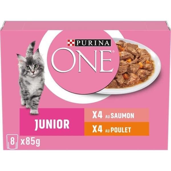 Purina - Unit-12495322 - ONE Junior Strips i sås Blandade smaker lax och kyckling för kattungar | Måltidspåsar 8 x 85g