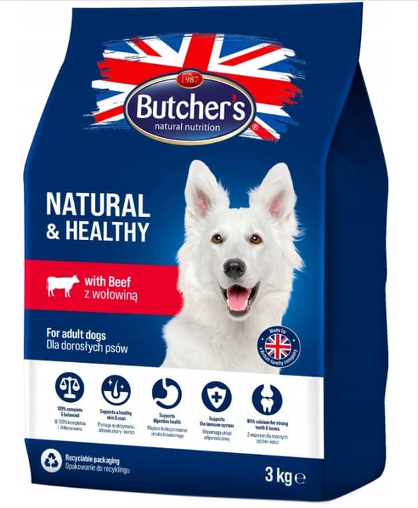 BUTCHER'S Natural&Hälsosamt med nötkött - torr hundmat - 3 kg