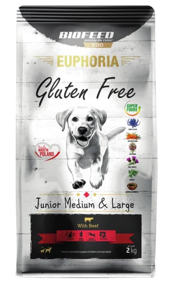 BIOFEED Euphoria Glutenfri Junior medium & stor nötkött - torr hundmat - 2 kg