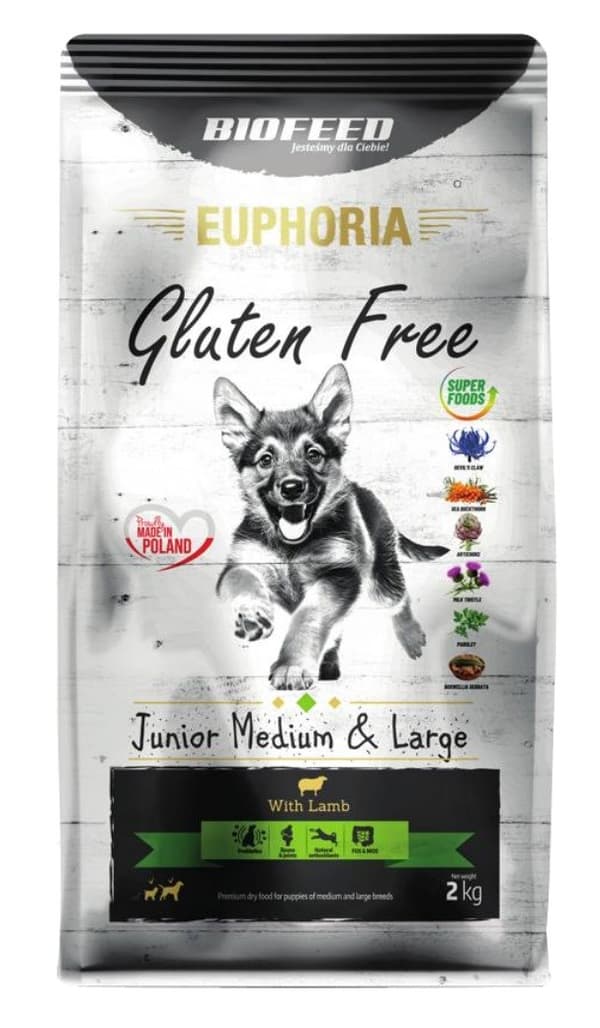 BIOFEED Euphoria Glutenfri Junior medium & stort lamm - torr hundmat - 2 kg