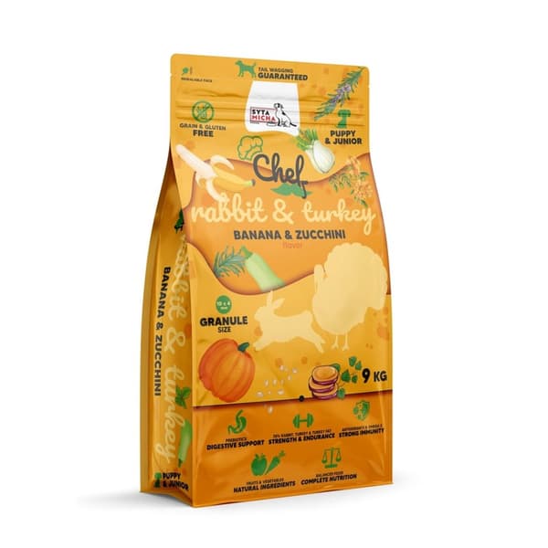 SYTA MICHA Chef Puppy Kanin, kalkun, banan og zucchini - tørt hundefoder - 9 kg