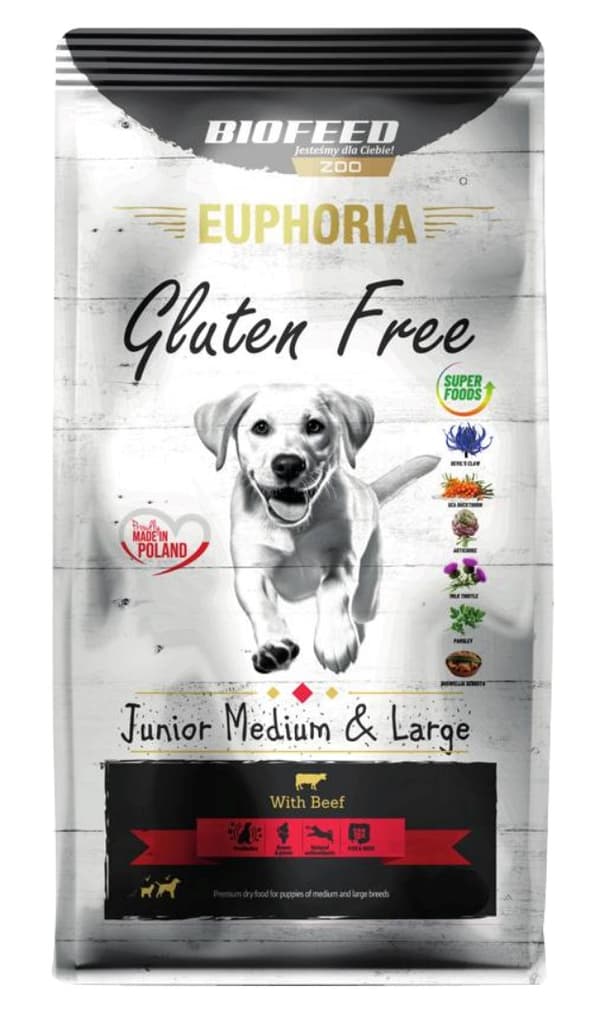 BIOFEED Euphoria Glutenfri Junior medium & large Oksekød - tørt hundefoder - 12 kg