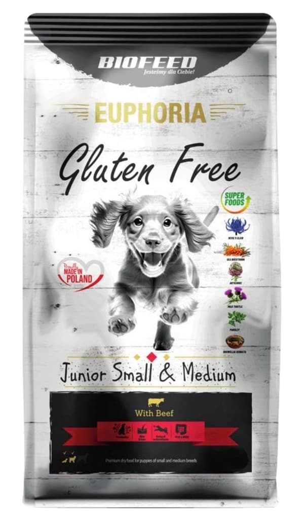 BIOFEED Euphoria Glutenfri Junior small & medium Oksekød - tørt hundefoder - 12 kg