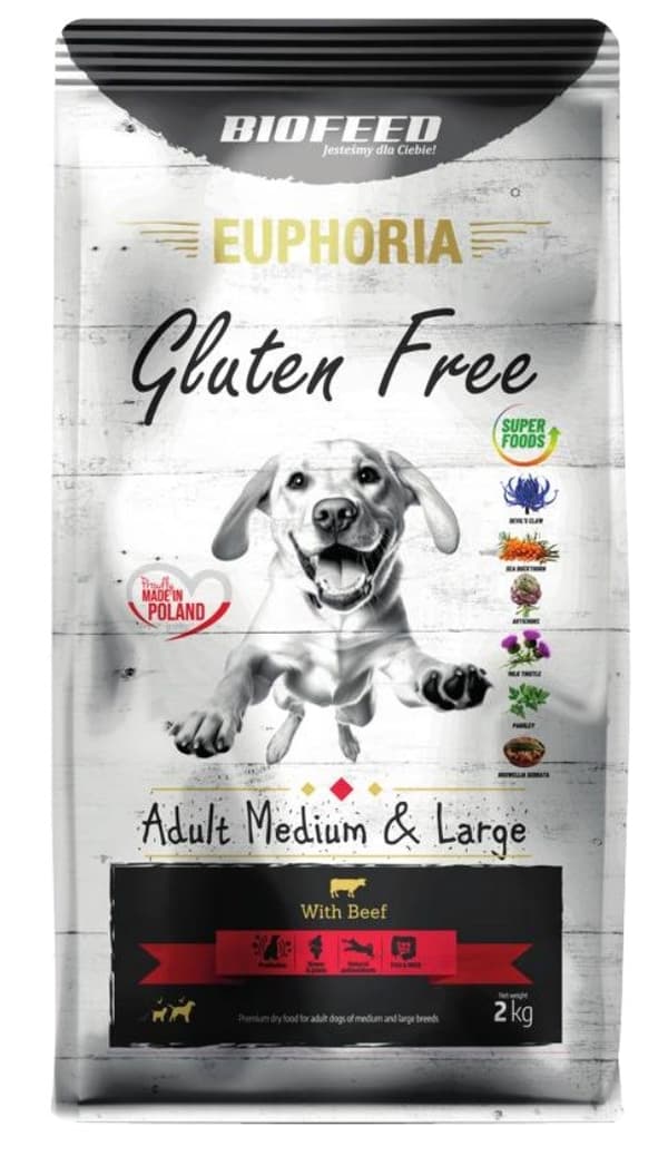 BIOFEED Euphoria Glutenfrit voksent medium & stort oksekød - tørt hundefoder - 2 kg