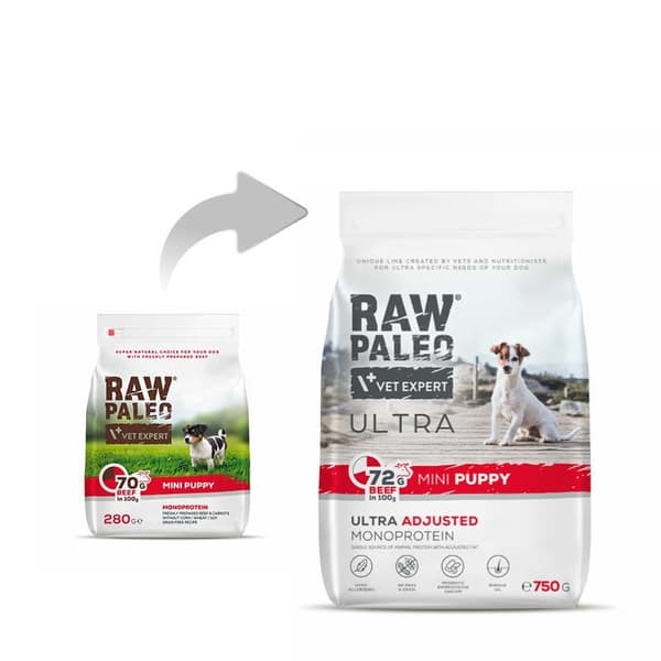 RAW PALEO Ultra Mini Puppy Beef - kuivaruoka pienten rotujen pennuille - 750 g