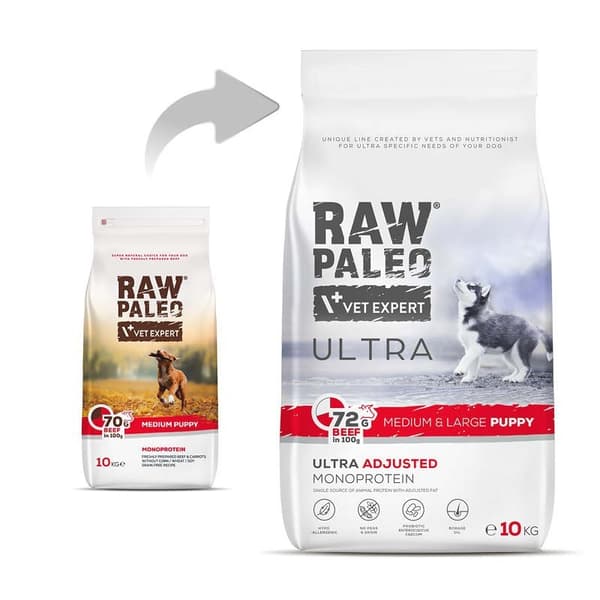 RAW PALEO Ultra Medium&Large Puppy Beef - tørfoder til hvalpe - 10 kg