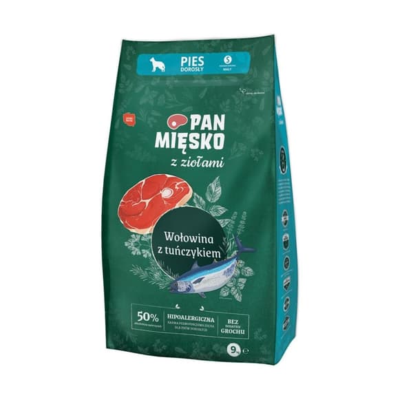 PAN MĘSKO yrteillä naudanlihaa ja tonnikalaa S - kuiva koiranruoka - 9 kg
