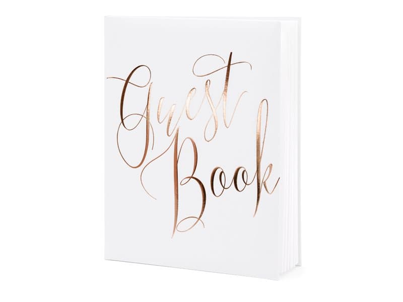 Gästbok vit med roséguld text