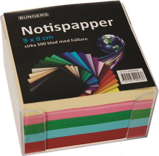 Notisbox med sorterade papper 90x90 mm 500-pack Büngers