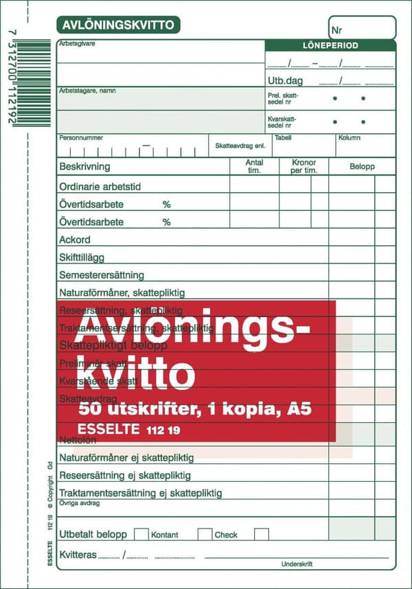 Blankett avlöningskvitto A5 50 bl mkopia 5st