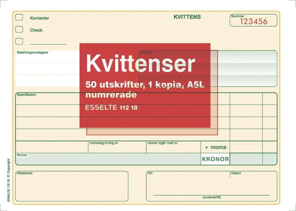 Blankett kvittens numrerad A5L 2x50 blad 5st