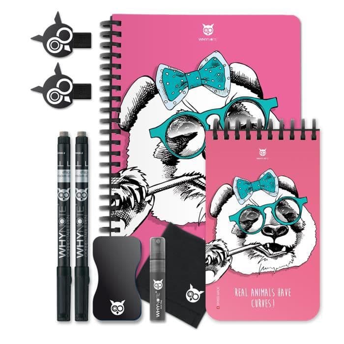 WHYNOTE 40-sidig återanvändbar anteckningsbok - "Panda" fodrad anteckningsbok med raderbar markör (Whiteboard anteckningsblock)