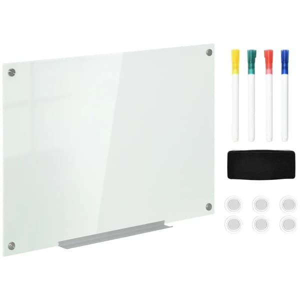 Rootz Glass Whiteboard - Memo Board - Whiteboard - 4 pennor - 6 magneter - 1 svamp - 1 hylla - Kontorsmaterial - Vit - 90L x 60W cm