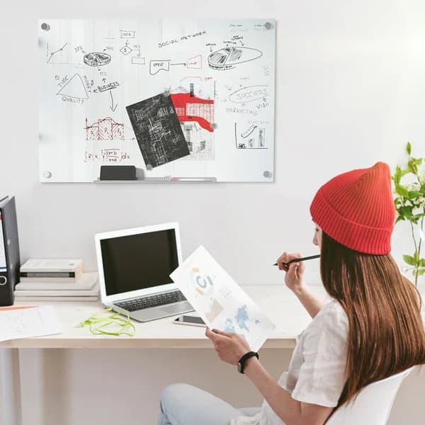 Rootz Glass Whiteboard - Memo Board - Whiteboard - 4 pennor - 6 magneter - 1 svamp - 1 hylla - Kontorsmaterial - Vit - 90L x 60W cm