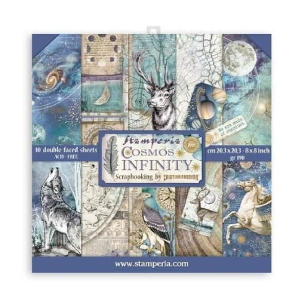 Set med 10 ark 'Cosmos Infinity' scrapbookingpapper från Stamperia (20,3x20,3 cm)