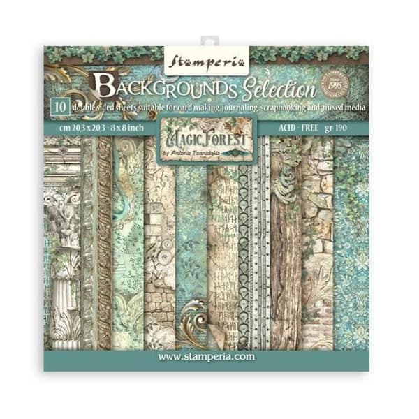 Scrapbookingpapper - STAMPERIA - Magic Forest Backgrounds - 10 ark - 20,3x20,3 cm - Blandat
