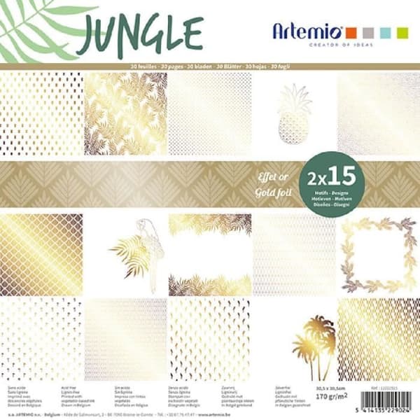 Block med 30 ark scrapbookingpapper 30x30 cm 'Jungle foil gold' av Artemio