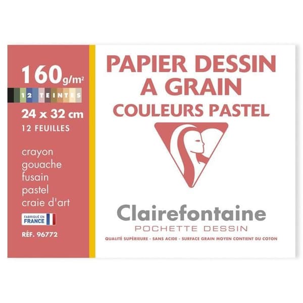 CLAIREFONTAINE - Ritficka - P.E.F.C kornpapper - 24 x 32 - 12 ark - 160G - Pastell