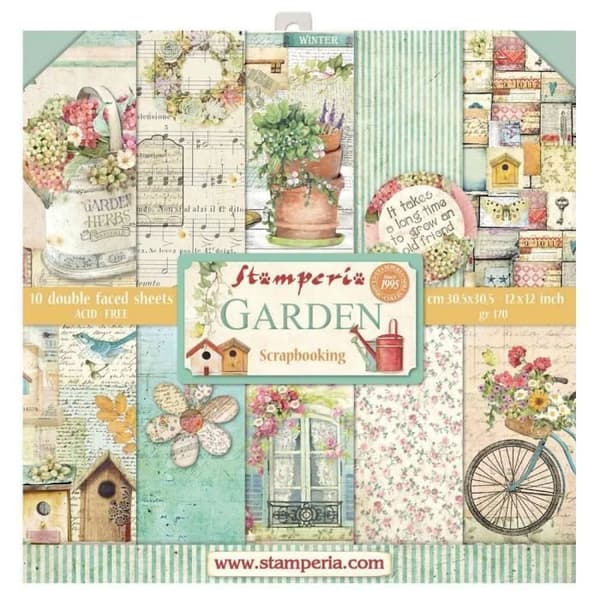 Set med 10 ark scrapbookingpapper 'Garden' från Stamperia (30,5x30,5 cm)