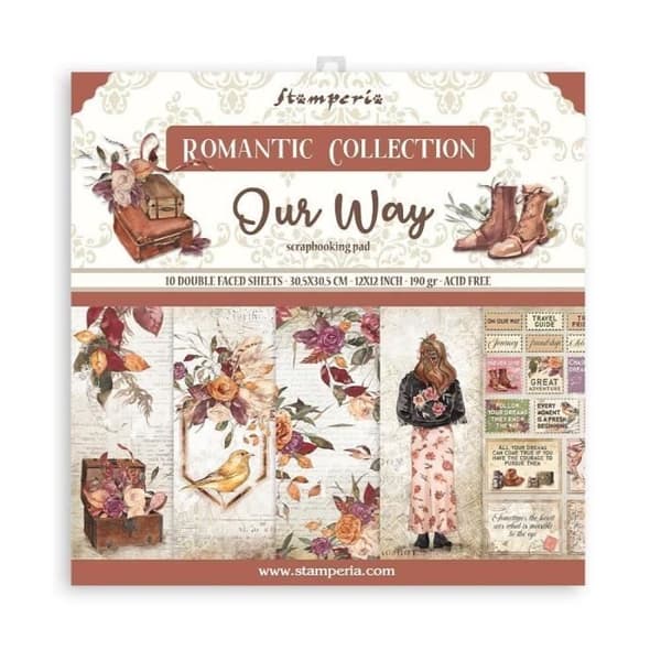 Set med 10 ark scrapbookingpapper 'Our Way' från Stamperia (30,5x30,5 cm)
