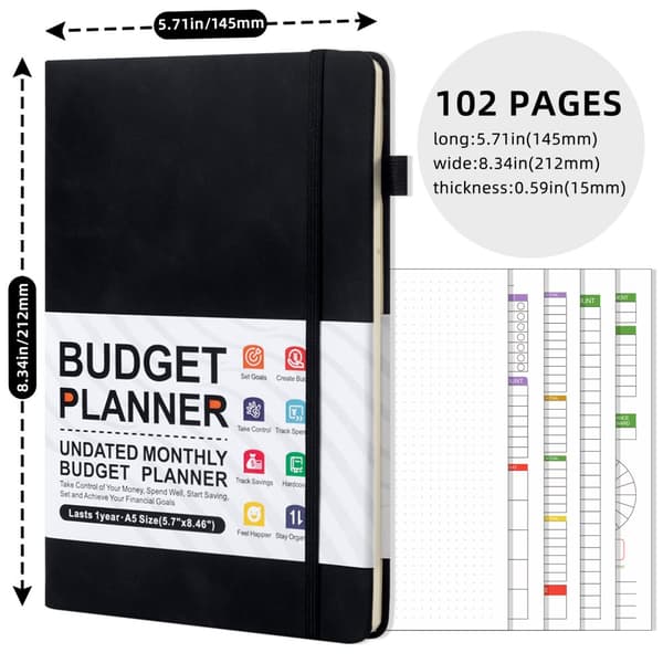 INF A5 tekonahkainen muistikirja hihnalla - Budget Planner Musta