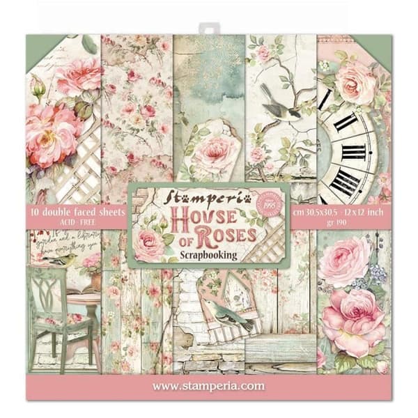 Pappersscrapbooking - Stamperia - House of Roses - 10 ark - 30.5x30.5 cm - Blomtema