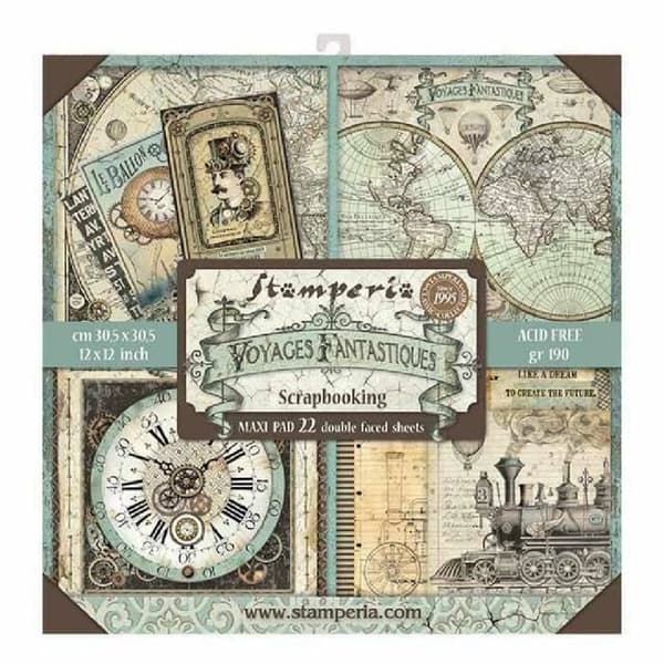 Set med 22 ark "Fantastic Voyages" scrapbookingpapper från Stamperia (30,5x30,5 cm)