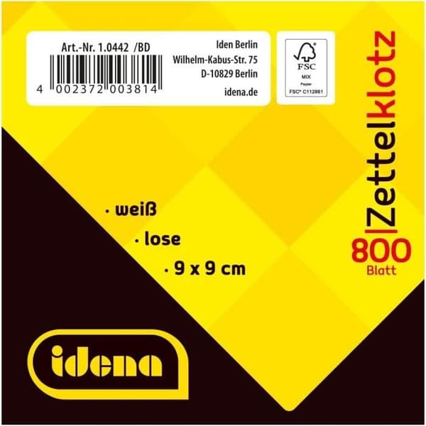 Idena 10442 - Blocknot 9 x 9 cm, 800 lösa ark, vit
