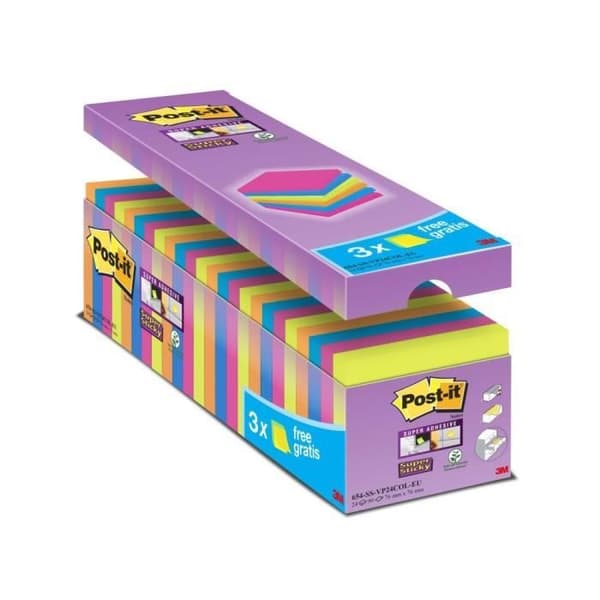 POST-IT-fack med 24 Super Sticky anteckningar - Blandade färger