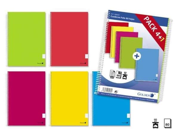 Spiralblock - Guld - Folio - 80 sidor - Rutnät 4x4 - Plastad omslag