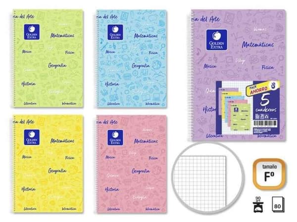 Guldpaket med 5 häften med folioformat 80 blad 90gr rutnät 4x4 - slitstark - hård omslag - idealisk för studenter -