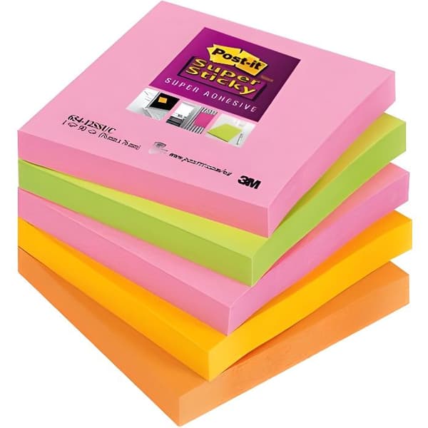 Block med post-it - Post-it - Super Sticky - 76x76mm - Neon assorterade - Set om 5