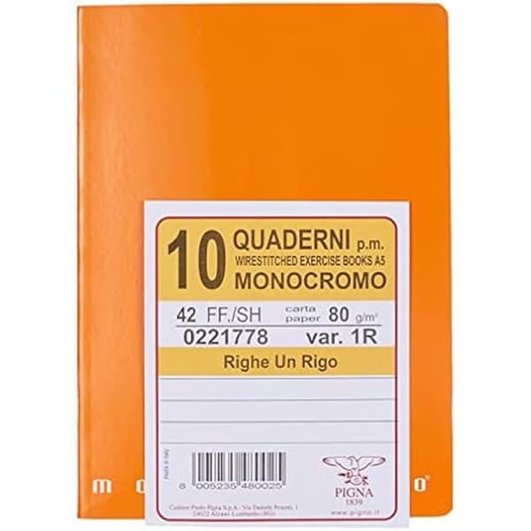 Pigna Monokrom Set med 10 linjerade anteckningsböcker Var. 1R Assorterade färger Format A5 (15 x 21 cm)