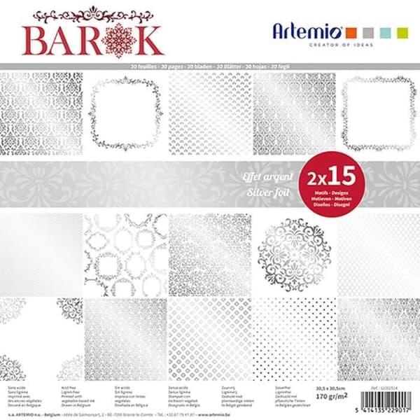Papper scrapbooking - Artemio - Barokk folie silver - 30 ark - 30x30 cm - Silver