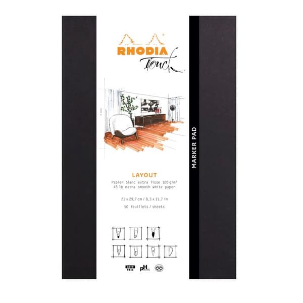 Padblock entoilé A4+ - Rhodia - Touch Marker - 50 ark - Vitt papper - 100 g/m2