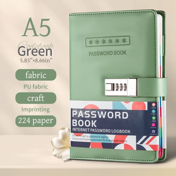 INF A5 Adgangskode Journal med Lås & Planner Klistermærker Grøn