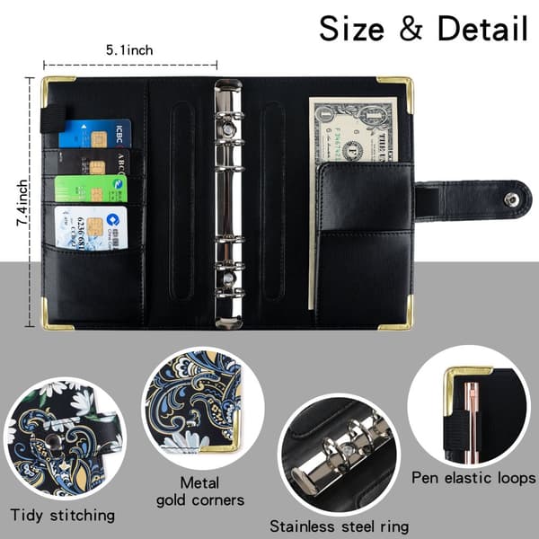 INF Daisy Black A6 PU-skinnbudsjettperm med tilbehør