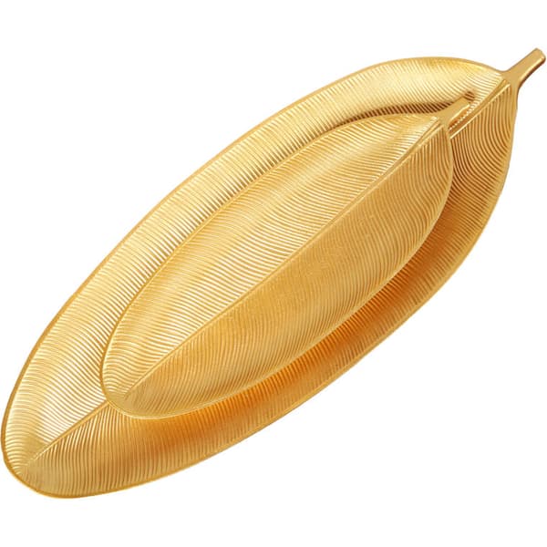 Set med 2 guldträbrickor i form av bananblad