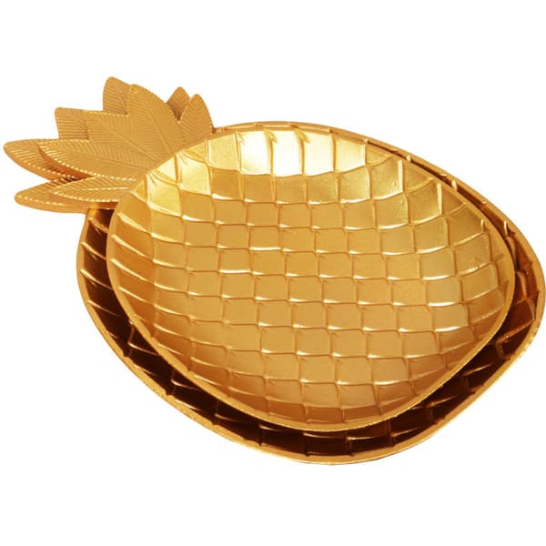 Sæt med 2 gyldne træbakker i form af ananas