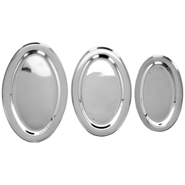 Serveringsbakke, stål, oval, sølv, sæt med 3 stk.