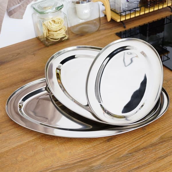 Serveringsbakke, stål, oval, sølv, sæt med 3 stk.