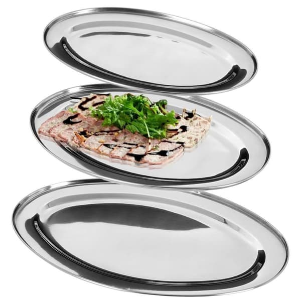 Serveringsbakke, stål, oval, sølv, sæt med 3 stk.