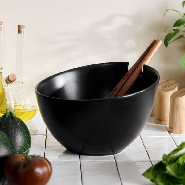 Kulho | MOOKA | keraaminen salaattikulho tarvikkeineen musta | 24 cm | 810652