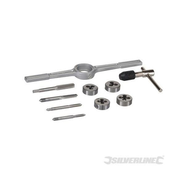 Set med 10 metriska kranar och stansar - SILVERLINE - M4, M5, M6 och M8 - Avsmalnande - Vänstervänd T-sväng