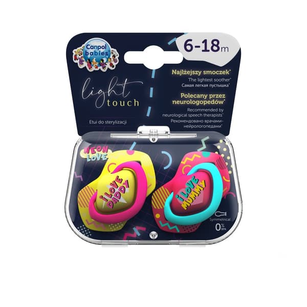 CANPOL BABIES silicone symmetrical soothers NEON LOVE, 6-18m, 2 pcs, 22/653_pin