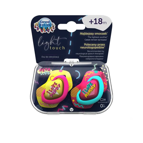 CANPOL BABIES silicone symmetrical soothers NEON LOVE, 18m+, 2 pcs, 22/654_pin