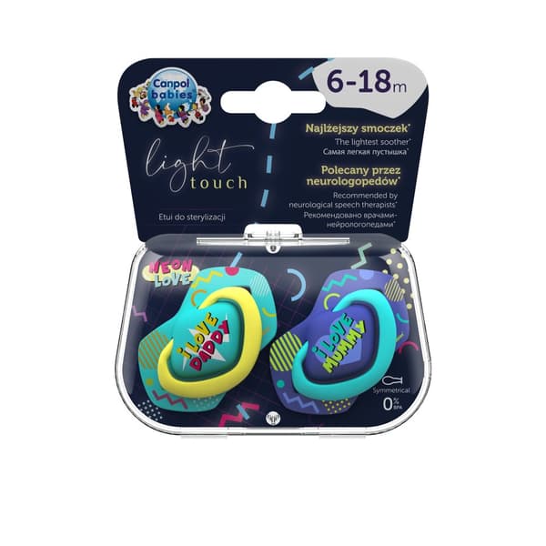 CANPOL BABIES silicone symmetrical soothers NEON LOVE, 6-18m, 2 pcs, 22/653_blu