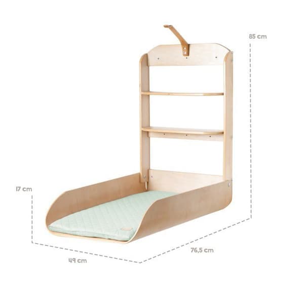 Vægmonteret og foldbart puslebord - ROBA - Naturtræ - Integrerede hylder - Minimalistisk design